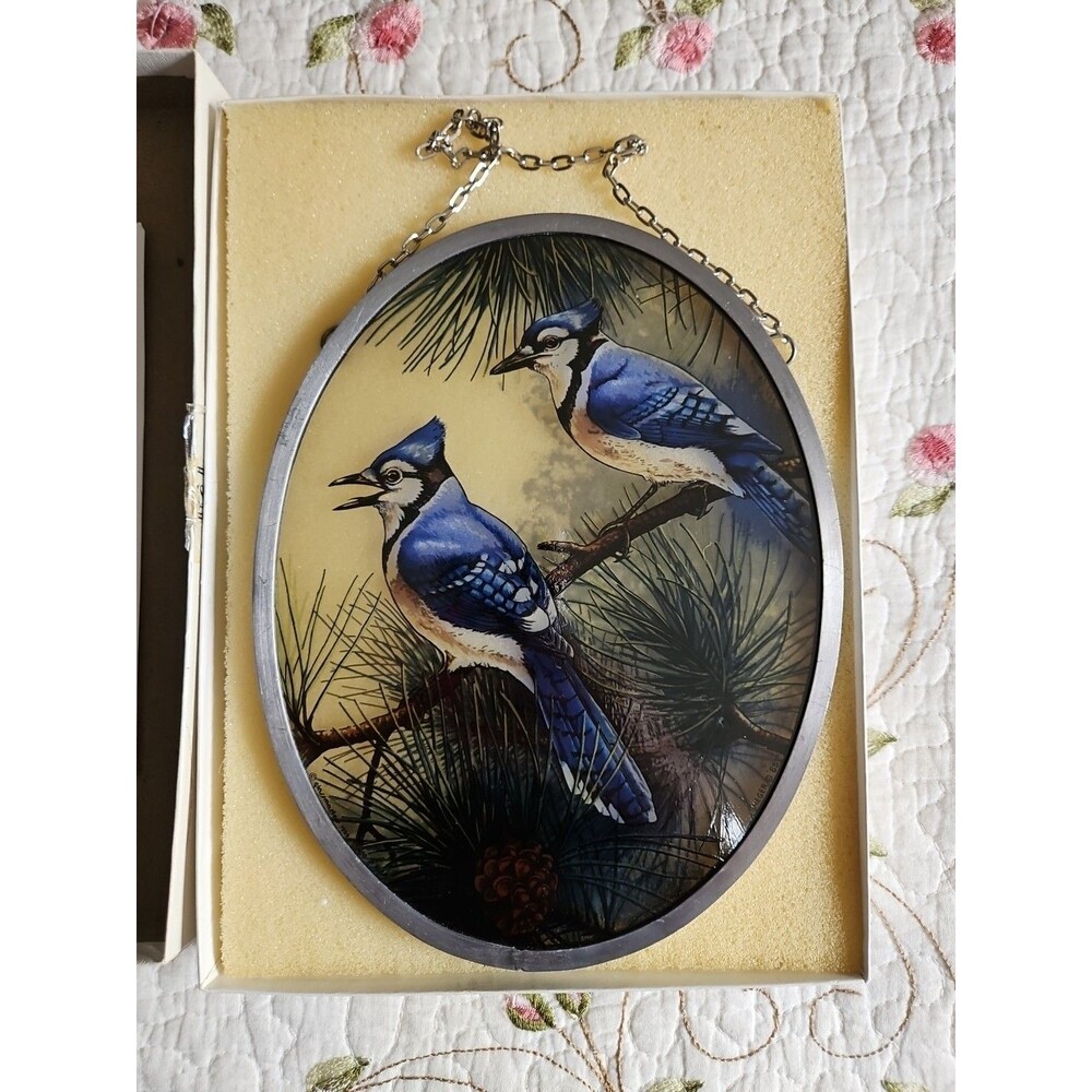 Pair of Blue Jay's Oval Glass Sun Catcher by Glass Masters 1989